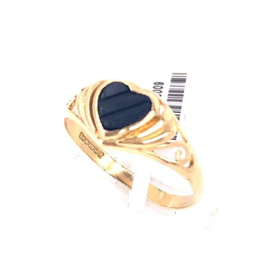 Women’s 9ct Yellow Gold Vintage Onyx Heart Ring - 1.6g Size M