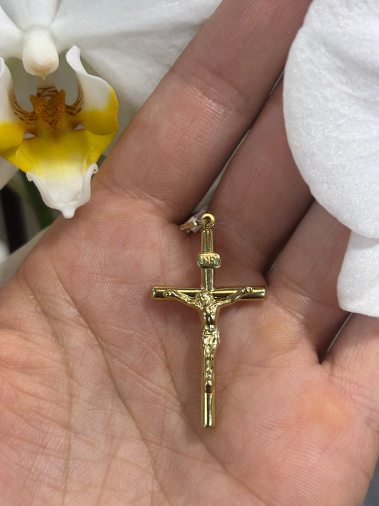 Women’s 9ct Yellow Gold Hollow Religious Crucifix Pendant- 0.9g 3.5cm Length Including Bail