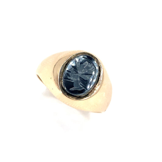 Men’s 9ct Yellow Gold Engraved Hematite Ring - 5.2g