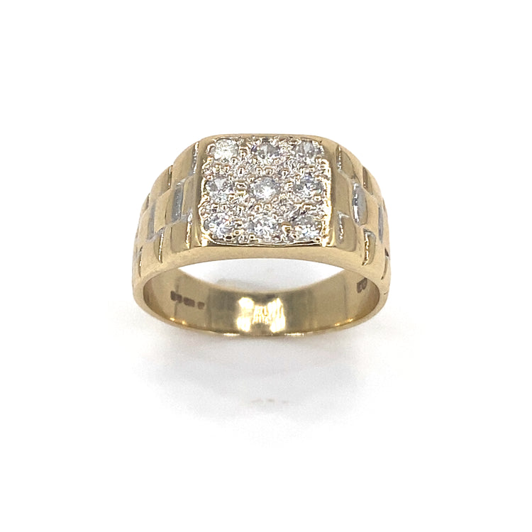 Men’s 9ct Yellow Gold Diamond Signet Watch Link Engraving Ring-0.30ct