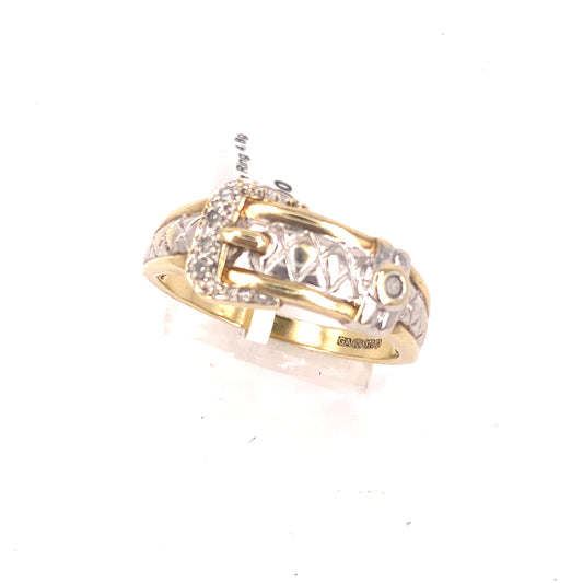 Men’s 9ct Yellow Gold Cz Buckle Ring - 4.8g Size X