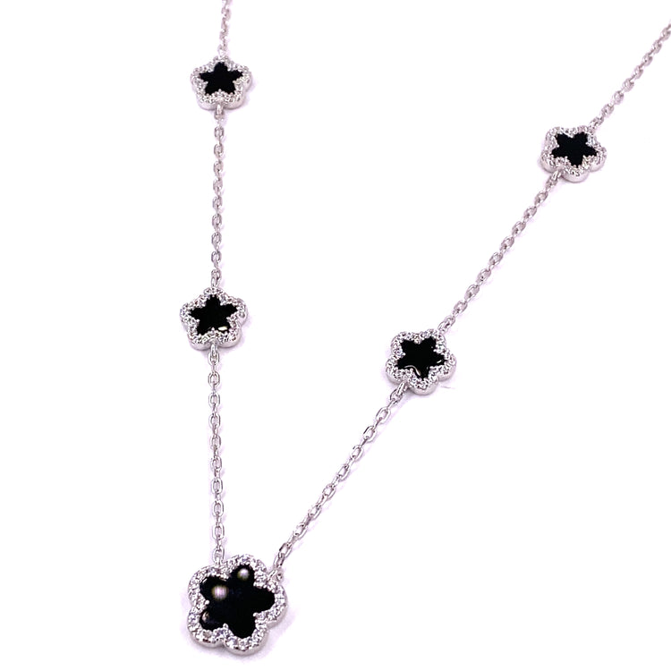 Women’s 925 Sterling Silver Onyx Five ‘Bloom’ Necklace - Cz Set