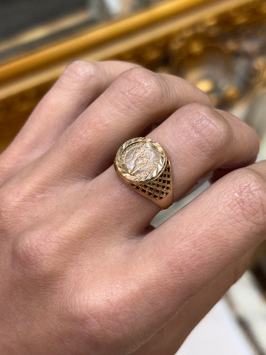 Men’s 9ct Yellow Gold Engraved Replica Mexican Coin 1865 - 1.3G Size Q