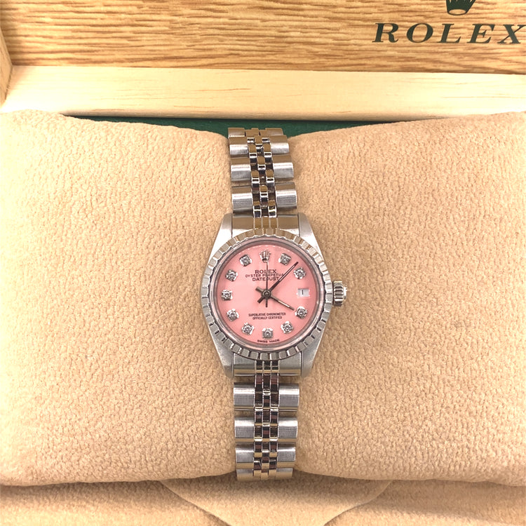 Women’s Steel Rolex Datejust Watch- Pink Diamond Dot Dial. 26mm