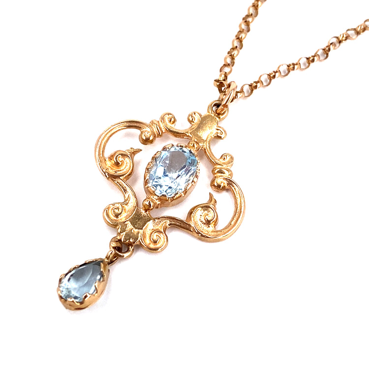 Women’s 9ct Rose Gold Aquamarine Vintage Pendant & Belcher Chain -5.8g