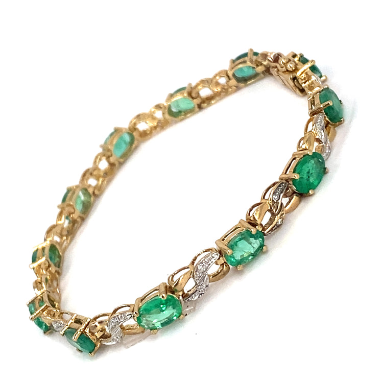 Women’s 9ct Yellow Gold Zambian Emerald and Diamond Bracelet-0.24ct