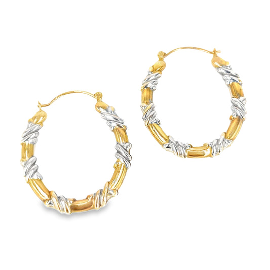 Women’s 9ct Yellow & White Gold X Pattern Hoop Earrings - 2.3G
