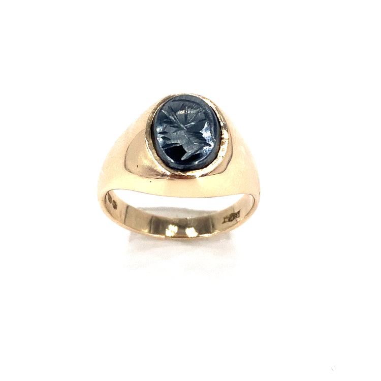 Men’s 9ct Yellow Gold Engraved Hematite Ring - 5.2g