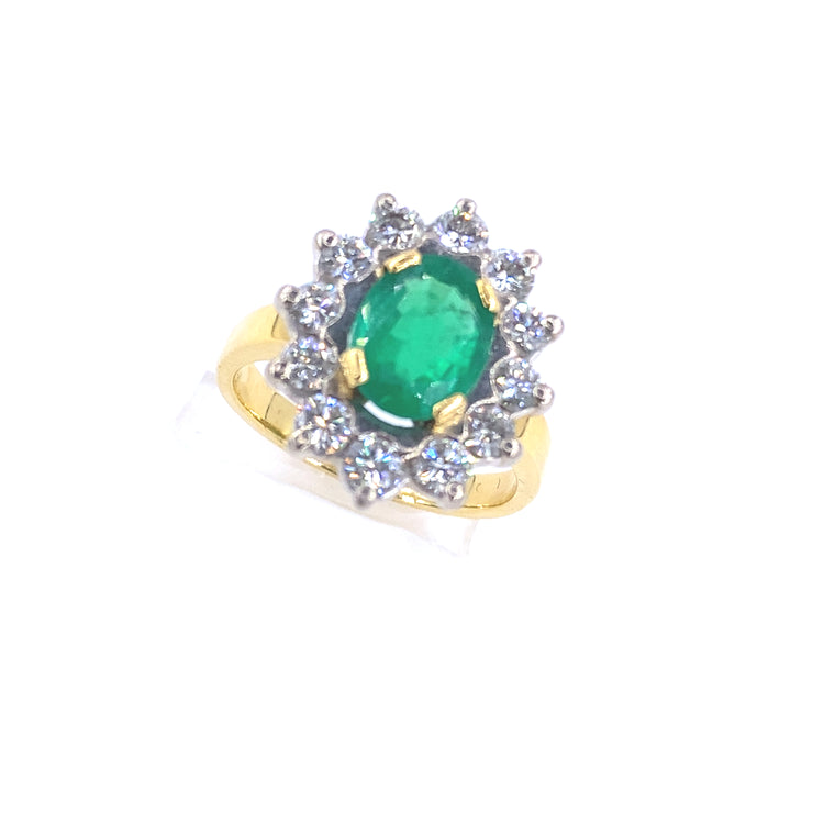 Women’s 18ct Yellow Gold Diamond Emerald Cocktail Flower Ring - 1.20ct