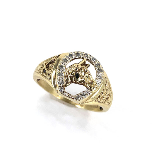 Men’s 9ct Yellow Gold Horse Shoe Ring - 0.15ct