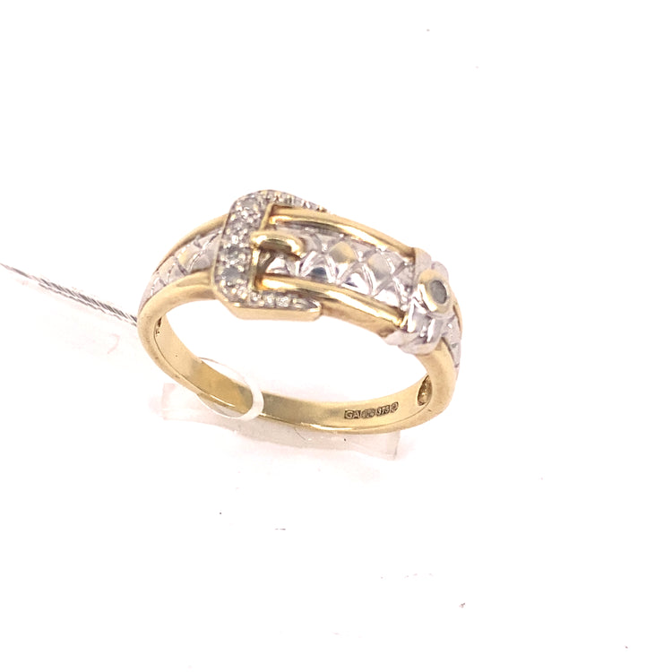 Men’s 9ct Yellow Gold Cz Buckle Ring - 4.8g Size X