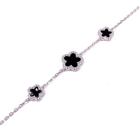 Women’s 925 Sterling Silver Onyx ‘Bloom’ Bracelet - Cz Set