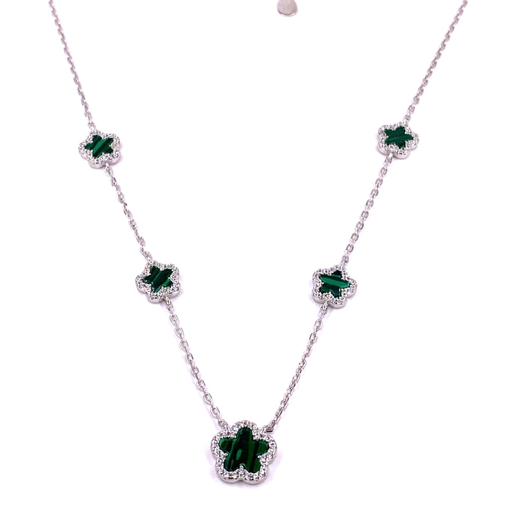 Women’s 925 Sterling Silver Malachite Five ‘Bloom’ Necklace Cz Set