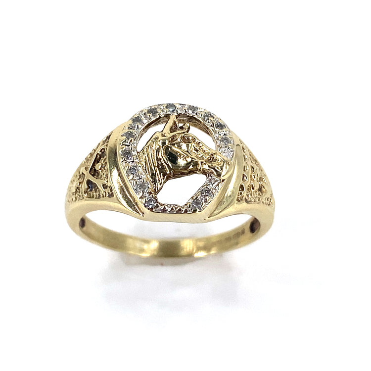 Men’s 9ct Yellow Gold Horse Shoe Ring - 0.15ct