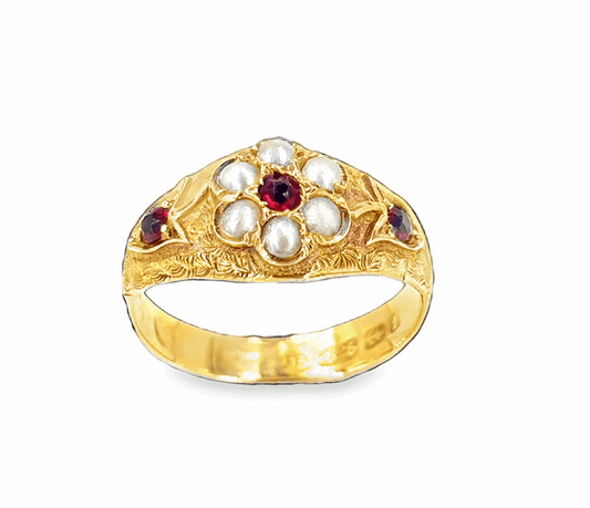Women’s 15ct Garnet & Seed Pearl Antique Ring -1.7g
