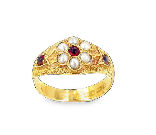 Women’s 15ct Garnet & Seed Pearl Antique Ring -1.7g
