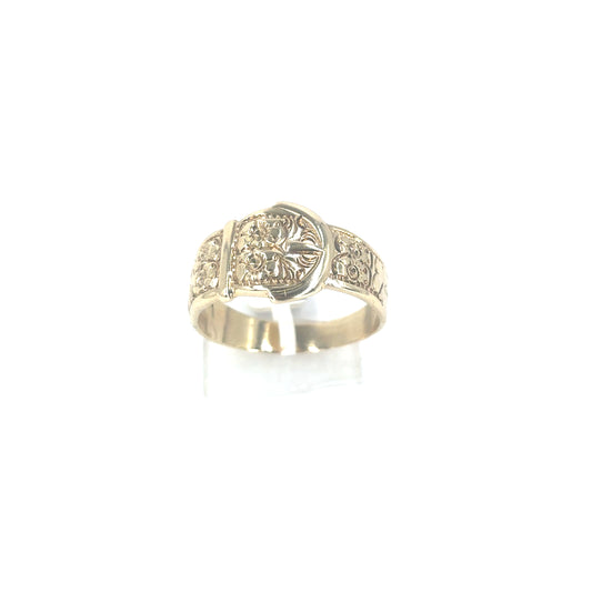 Men’s 9ct Yellow Gold Engraved Belt Buckle Ring -6.2g