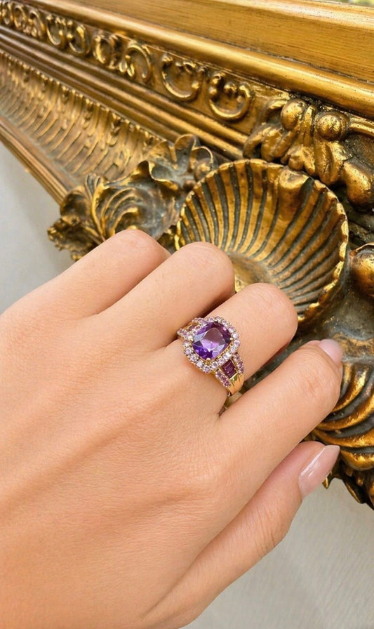 9CT Amethyst and Pink Gemstone Cocktail Ring in Yellow Gold - Hyman’s Jewellers