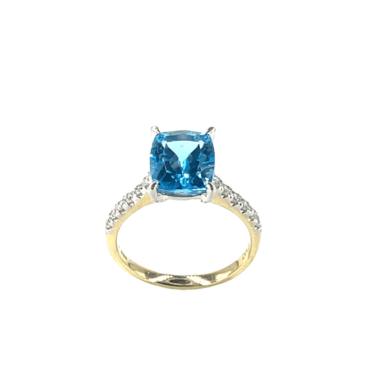 9ct Cushion Cut Blue Topaz Solitaire Ring in Yellow Gold 3.2g - Hyman’s Jewellers