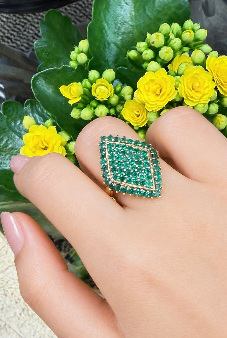 9CT Diamond - Shaped Emerald Cluster Cocktail Ring in Yellow Gold - Hyman’s Jewellers