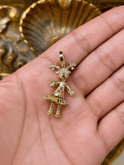 9ct Yellow Gold Articulated Girl Pendant with Ruby Accents 4.6g - Hyman’s Jewellers