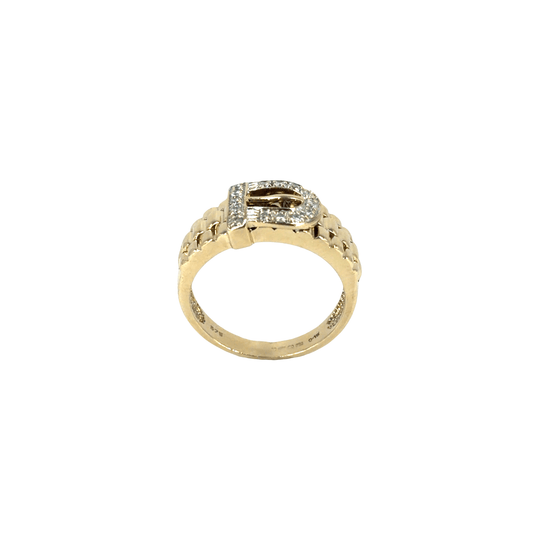 9CT Yellow Gold Diamond Buckle Ring with Textured Band - Hyman’s Jewellers