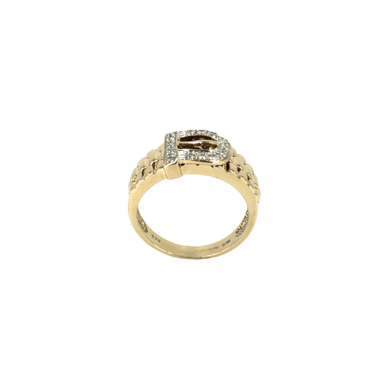 9CT Yellow Gold Diamond Buckle Ring with Textured Band - Hyman’s Jewellers