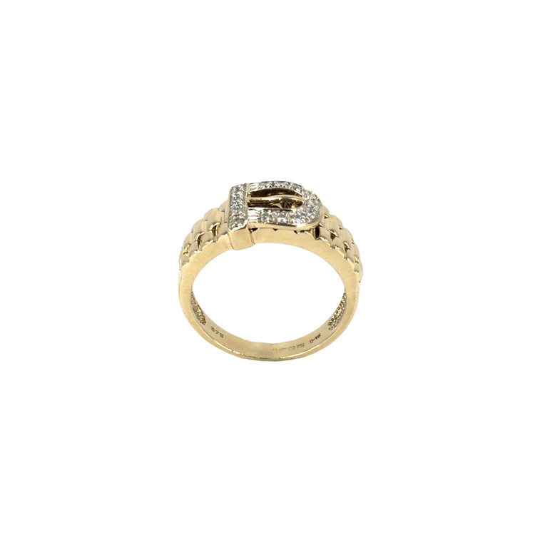 9CT Yellow Gold Diamond Buckle Ring with Textured Band - Hyman’s Jewellers