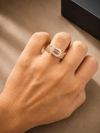 9CT Yellow Gold Diamond Buckle Ring with Textured Band - Hyman’s Jewellers