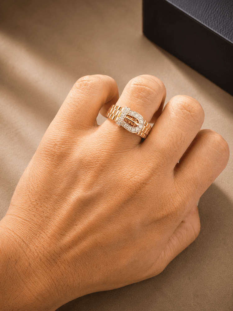 9CT Yellow Gold Diamond Buckle Ring with Textured Band - Hyman’s Jewellers