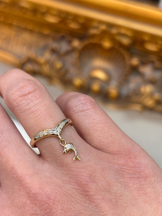 9ct Yellow Gold Diamond Wishbone Ring with Dolphin Charm - Hyman’s Jewellers