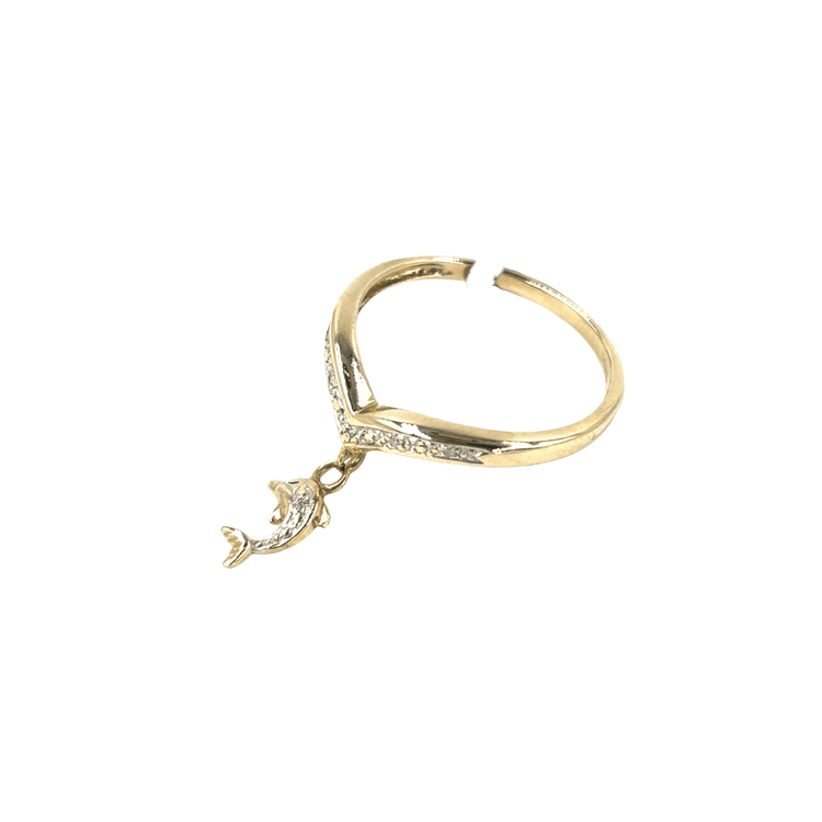 9ct Yellow Gold Diamond Wishbone Ring with Dolphin Charm - Hyman’s Jewellers