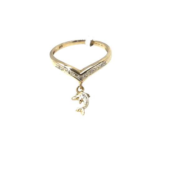 9ct Yellow Gold Diamond Wishbone Ring with Dolphin Charm - Hyman’s Jewellers