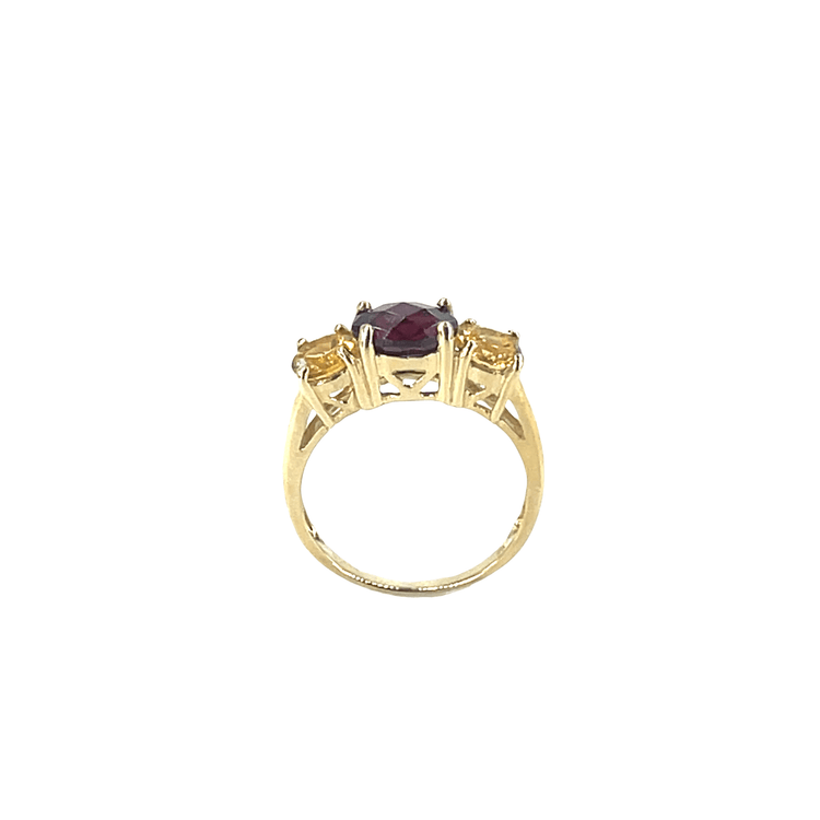 9ct Yellow Gold Garnet and Yellow Gemstone Three-Stone Ring 2.9g - Hyman’s Jewellers
