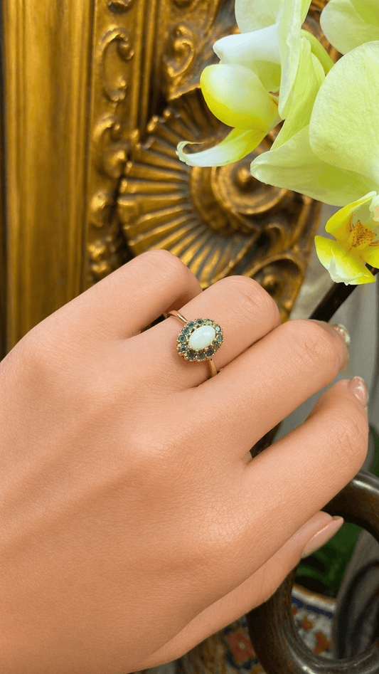 9CT Yellow Gold Opal Ring with Emerald Green Halo - Hyman’s Jewellers
