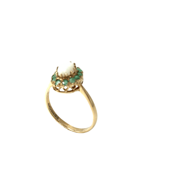 9CT Yellow Gold Opal Ring with Emerald Green Halo - Hyman’s Jewellers