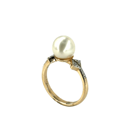 9CT Yellow Gold Pearl Solitaire Ring with Diamond Accents 3.6g - Hyman’s Jewellers