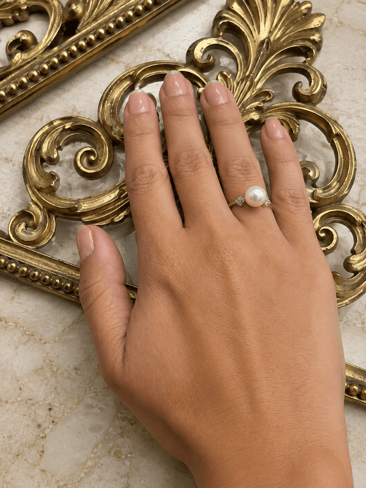 9CT Yellow Gold Pearl Solitaire Ring with Diamond Accents 3.6g - Hyman’s Jewellers