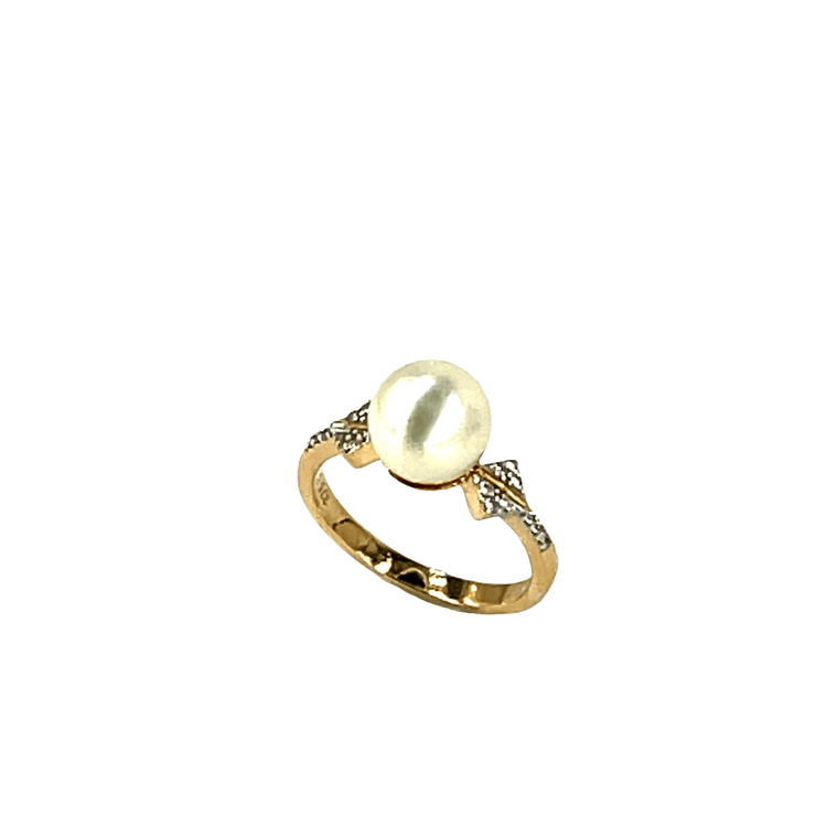 9ct Yellow Gold Pearl Solitaire Ring with Geometric Shoulders 3.6g - Hyman’s Jewellers