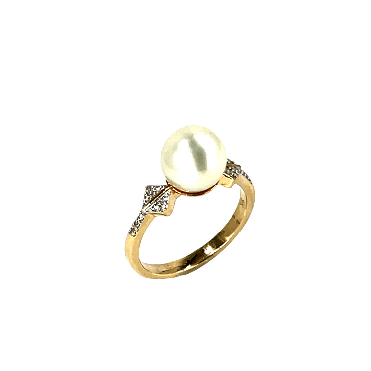 9ct Yellow Gold Pearl Solitaire Ring with Geometric Shoulders 3.6g - Hyman’s Jewellers