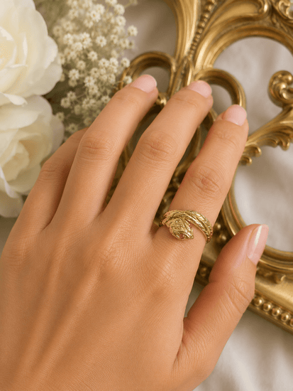 9ct Yellow Gold Textured Snake Ring with Ruby Eye - Hyman’s Jewellers