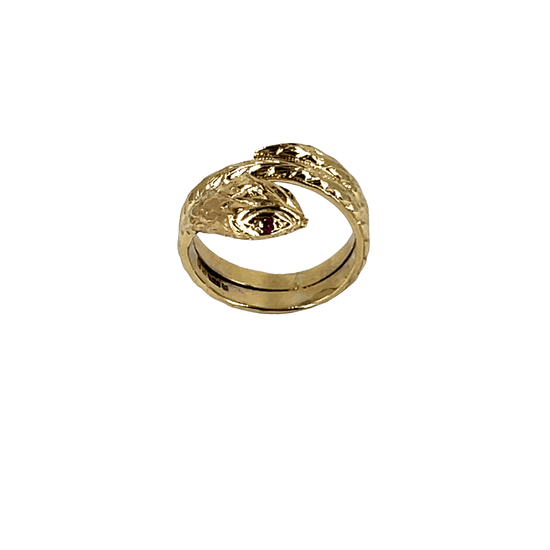 9ct Yellow Gold Textured Snake Ring with Ruby Eye - Hyman’s Jewellers