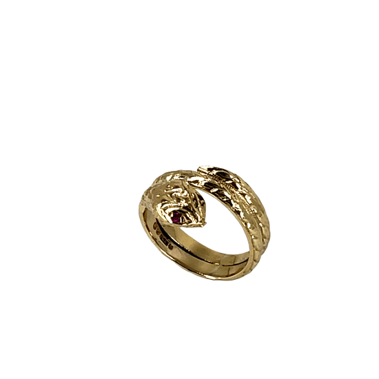 9ct Yellow Gold Textured Snake Ring with Ruby Eye - Hyman’s Jewellers
