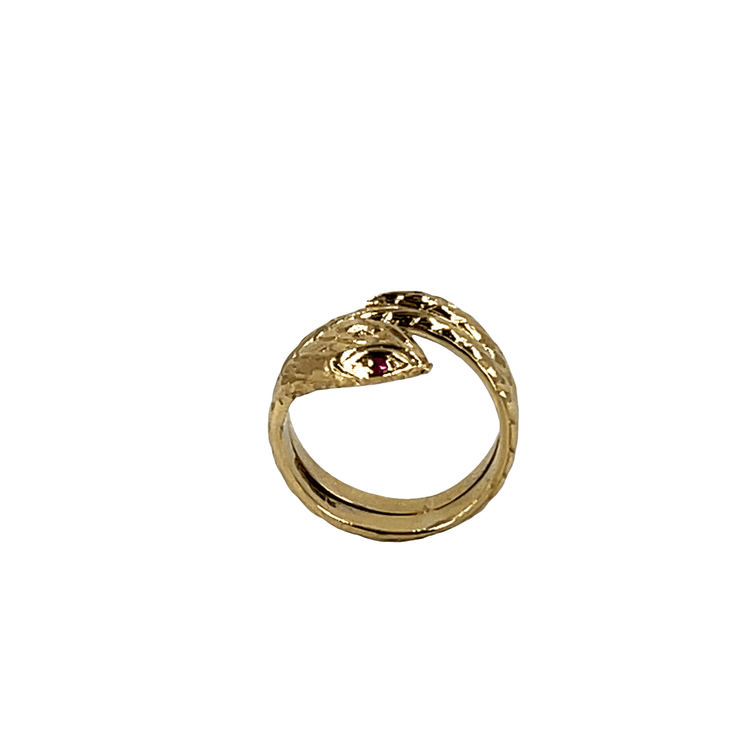 9ct Yellow Gold Textured Snake Ring with Ruby Eye - Hyman’s Jewellers