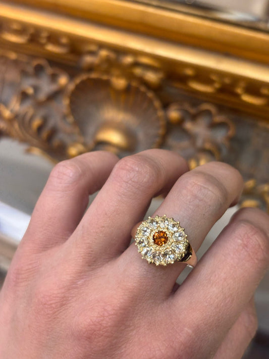 9CT Yellow Gold with CZ and Orange Stone Cluster Ring - Hyman’s Jewellers