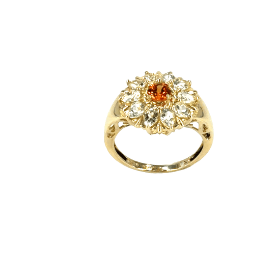 9CT Yellow Gold with CZ and Orange Stone Cluster Ring - Hyman’s Jewellers