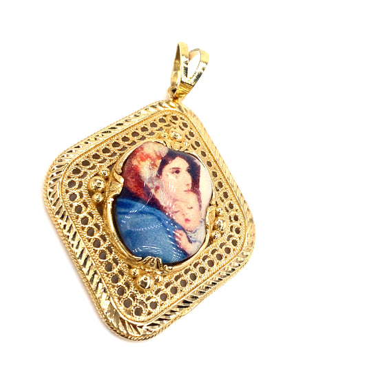 Women’s 14ct Yellow Gold “Mary & Child” Porcelain Tile Pendant