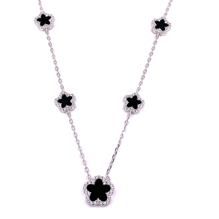 Women’s 925 Sterling Silver Onyx Five ‘Bloom’ Necklace - Cz Set