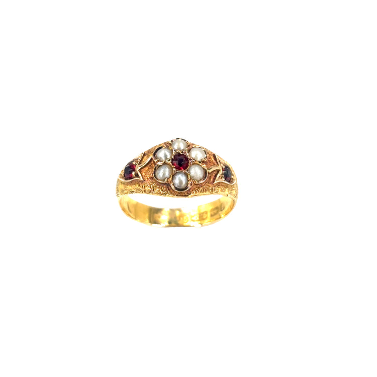 Women’s 15ct Garnet & Seed Pearl Antique Ring -1.7g