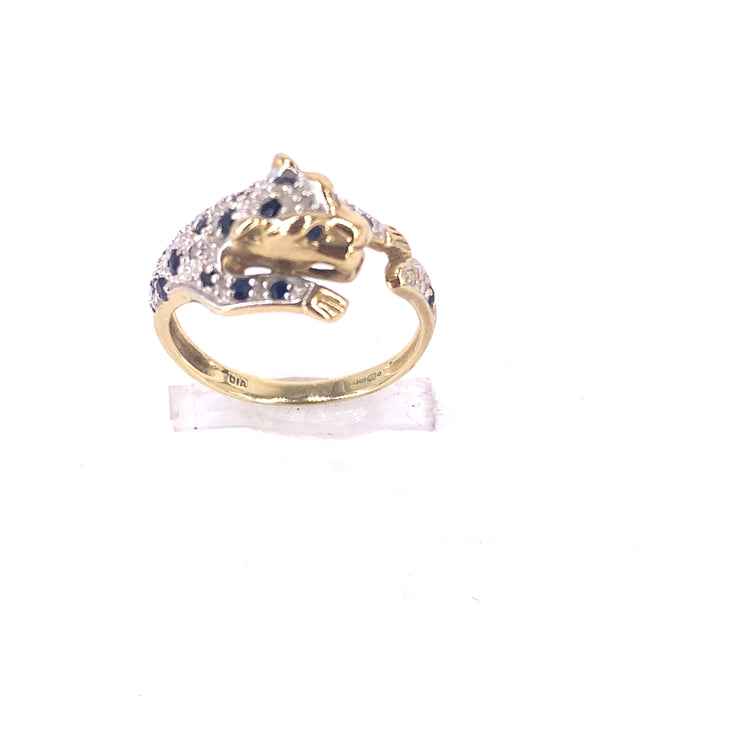 Women’s 9ct Yellow Gold Sapphire Diamond Panther Ring - 2.9g